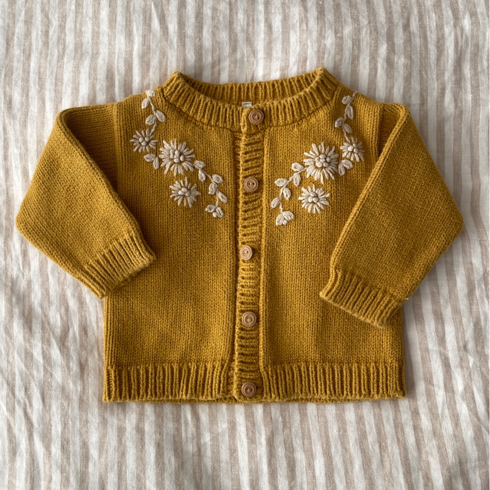Wild Wawa embroidered knit Amelia Cardigan mustard yellow size 18-24mos